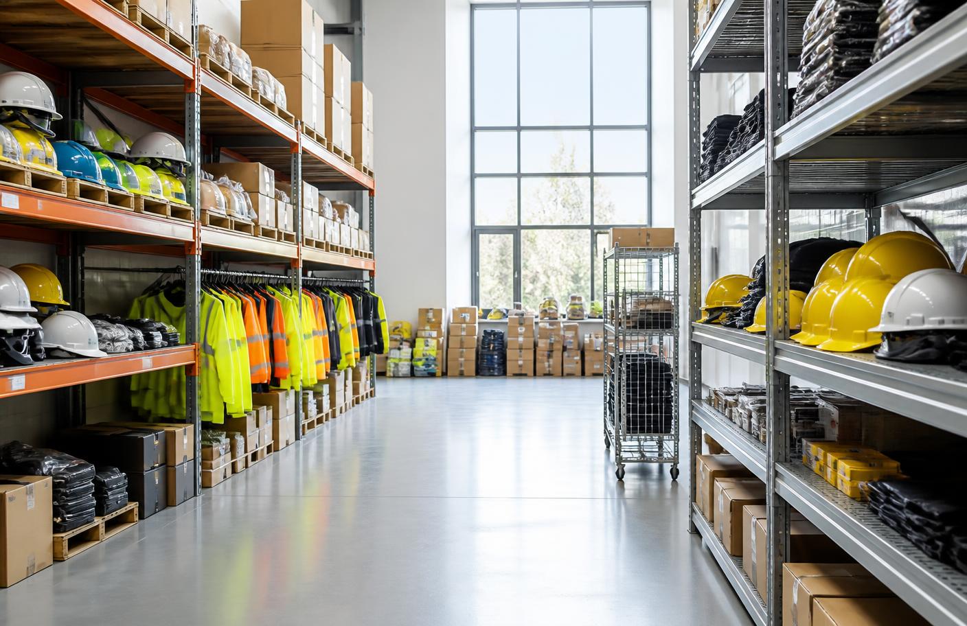 Interior do centro de distribuição com prateleiras de equipamentos de proteção