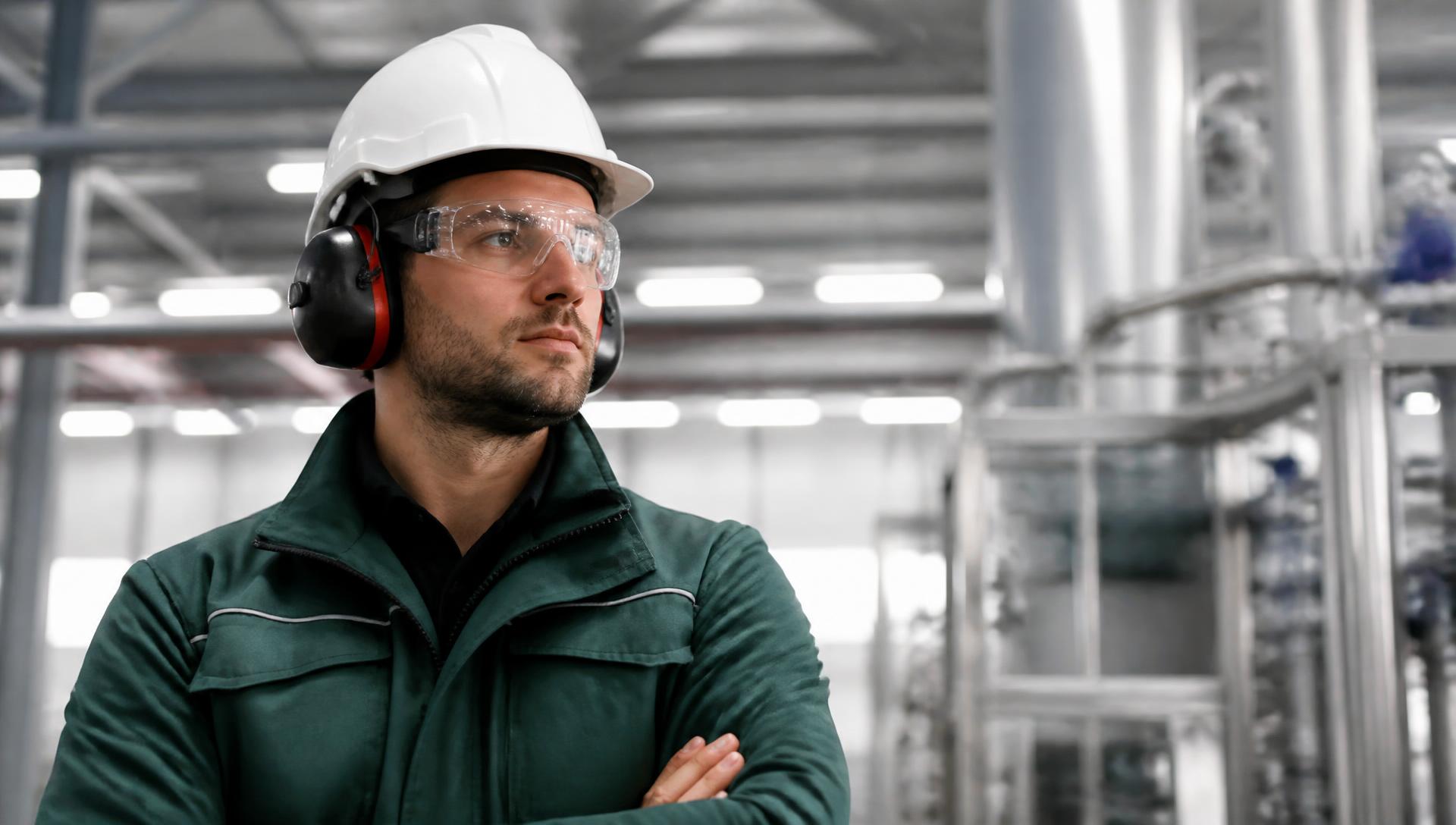 Trabalhador industrial usando capacete, óculos de proteção e abafador auditivo